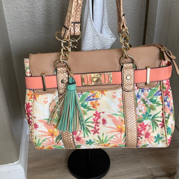 Aldo Handbags - Floral Lined Tan Leather Handbag